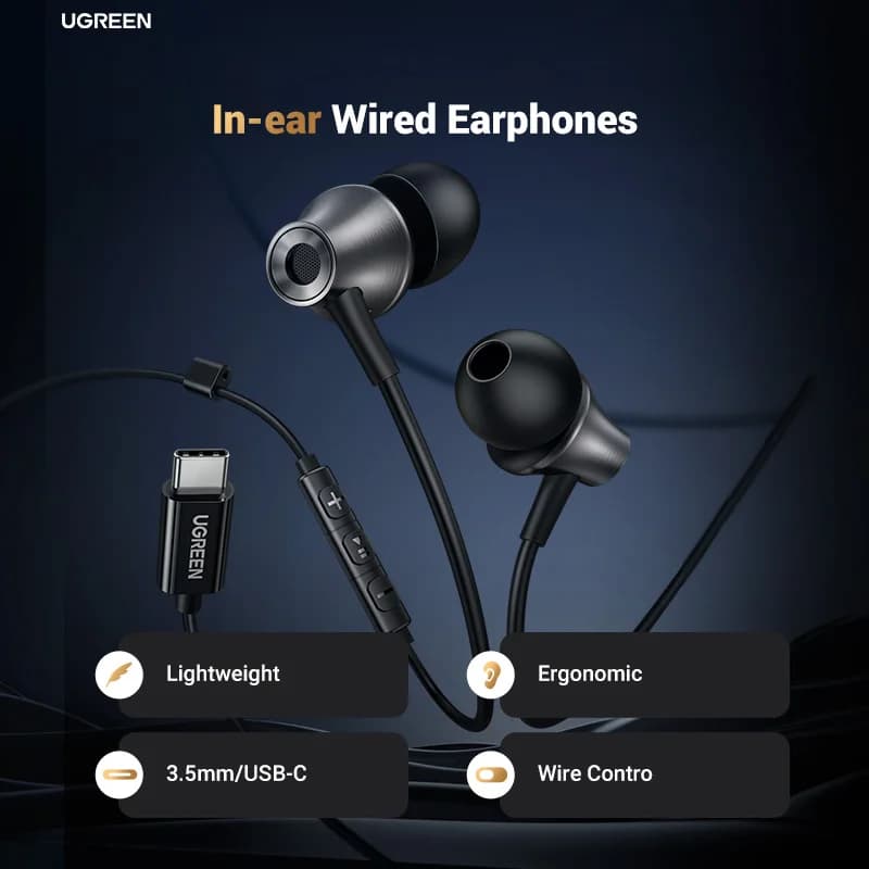 يو جرين سماعات أذن سلكية 3.5mm يو إس بي Type C مع مايك، سماعات أذن سلكية داخل الأذن سماعات ستيريو HiFi، لمعظم الأجهزة مع مقبس 3.5mm - 2