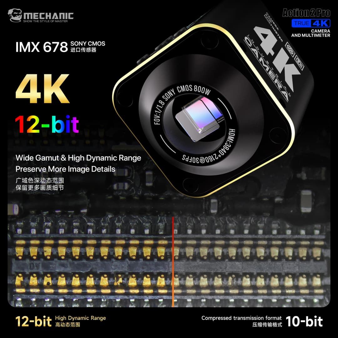 كاميرا صناعية MECHANIC OFFICIAL Action 2 Pro مع مقياس متعدد، مستشعر Sony IMX678، دقة 4K، شاشة مزدوجة، تسجيل عبر HDMI/USB، أداة إصلاح إلكترونيات - 4
