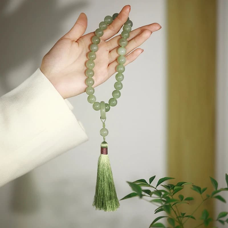 Green Jade Stone 12mm Beads Tassel Bracelet Necklace Tibetan Buddhist Mala Buddha Charm Rosary Yoga Men Woman Jewelry - 2