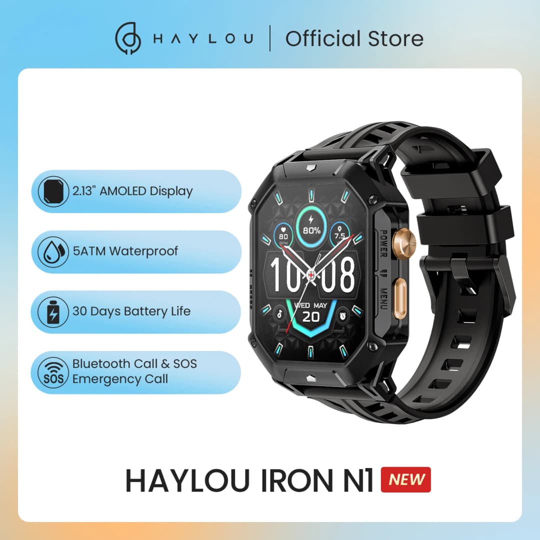 ساعة HAYLOU IRON N1 الذكية بشاشة 2.13 بوصة AMOLED مقاومة للماء حتى 5ATM مع مكالمات بلوتوث وساعة رياضية للخارج مع بطارية تدوم حتى 30 يومًا