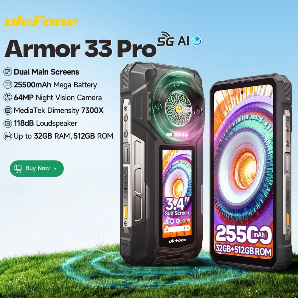 【عرض عالمي】 هاتف Ulefone Armor 33 Pro 5G متين ببطارية 25500 مللي أمبير وسعة تخزين 512 جيجابايت وشاشة 120 هرتز و6.59 بوصة وشاشة خلفية 3.4 بوصة وNFC بنظام أندرويد
