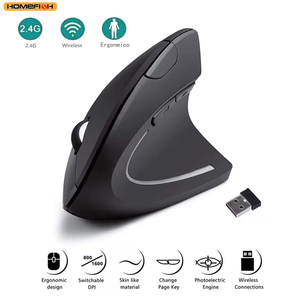 HOMEFISH Vertical Mouse Ergonomic 2.4GHz Wireless Optical Mice 3 Adjustable DPI 800/1200/1600 6 Buttons for Laptop PC Computer