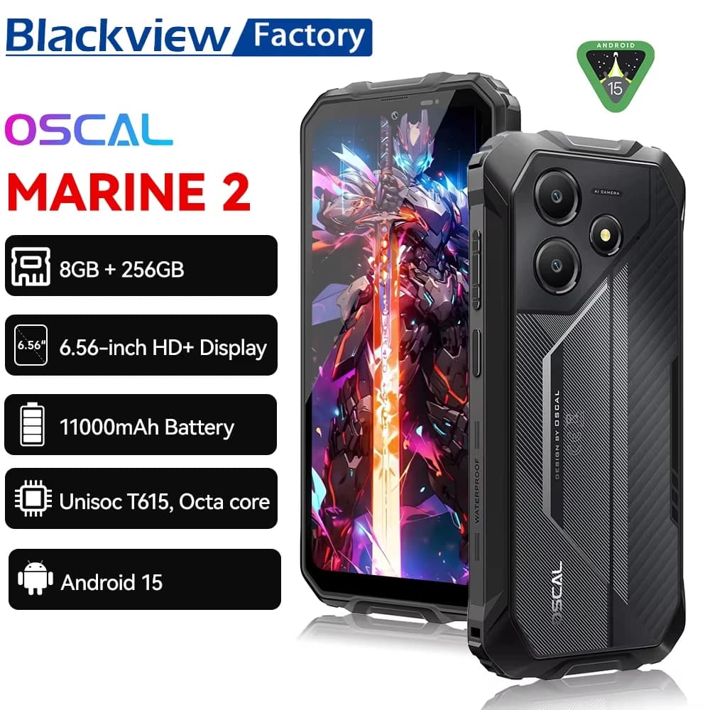 Blackview OSCAL Marine 2 4G Rugged Phone 11000mAh Battery 6.56 " HD+Display 8GB, RAM 256GB Unisoc T61 Android 15 NFC Smartphone