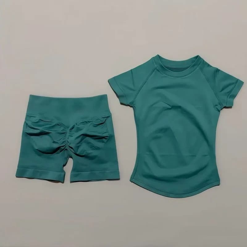 2 قطعة HISTELLO تأثير الصالة الرياضية مجموعات قصيرة الأكمام سلس اليوغا الملابس اللياقة البدنية مجموعة النساء تجريب الجري الرياضة طماق قصيرة دعوى - 4