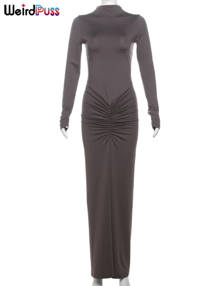 Weird Puss Hipster Ruched Dress Women o-NeckFull Sleeve  Skinny Stretch Robe Autumn Trend Simple Classic Pleats Long Bodycon - 6