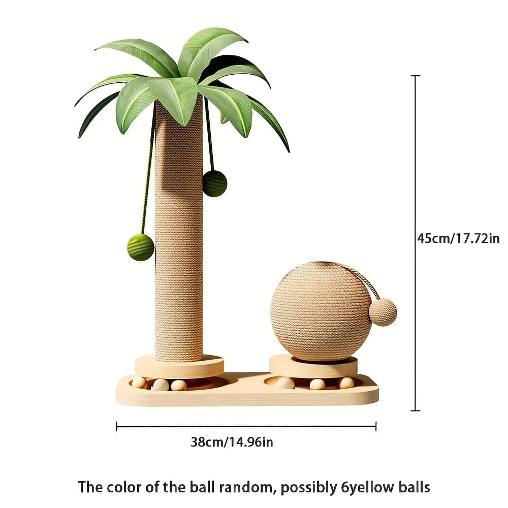Coconut Tree Cat Scratching Post & Play Tower, 2-in-1 Sisal & Solid Wood Cat Activity Tree with Hanging Balls, Space-Saving - 3