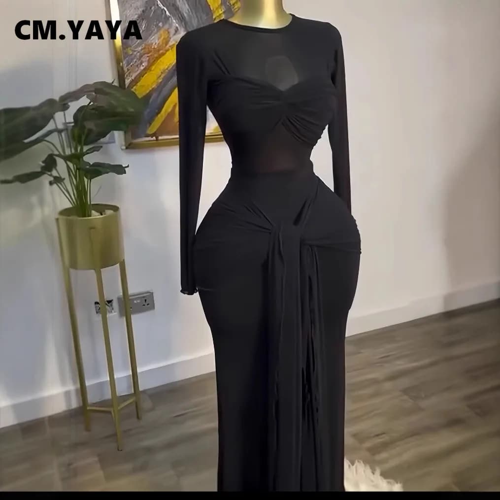 فستان طويل بأكمام طويلة من الشبك من CM.YAYA، فستان طويل بعقدة فراشة، فستان سهرات وحفلات مثير 2025 - 2