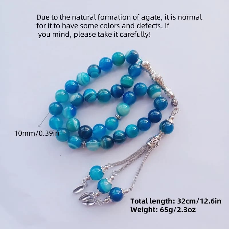 33pcs10mm blue agate beads natural stone material Muslim rosary daily bracelet TASBIH, Middle East high-end worship prayer brace - 6