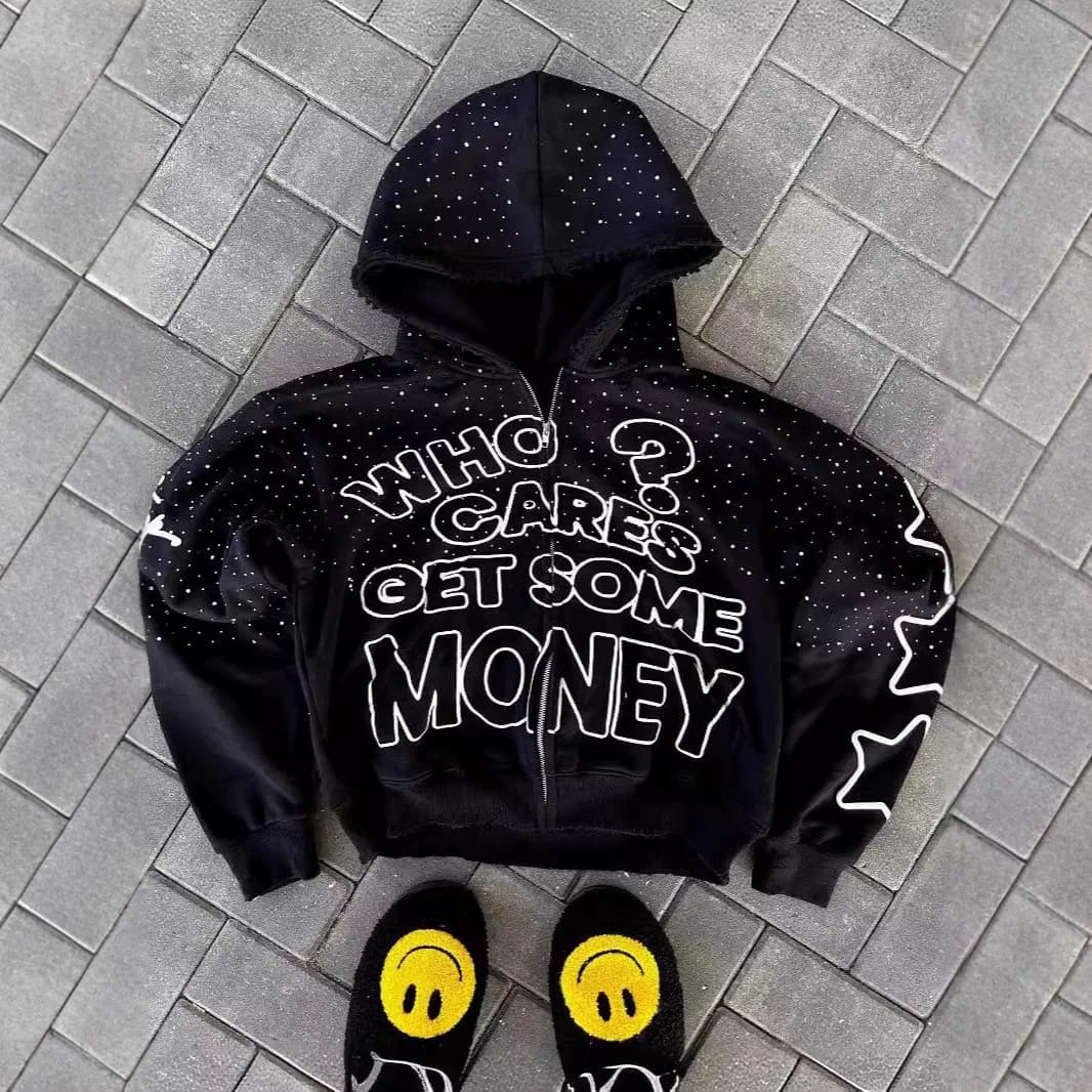 سترة بغطاء للرأس Y2K، تصميم عصري فضفاض، سحاب، نمط حروف أمريكية، كاجوال