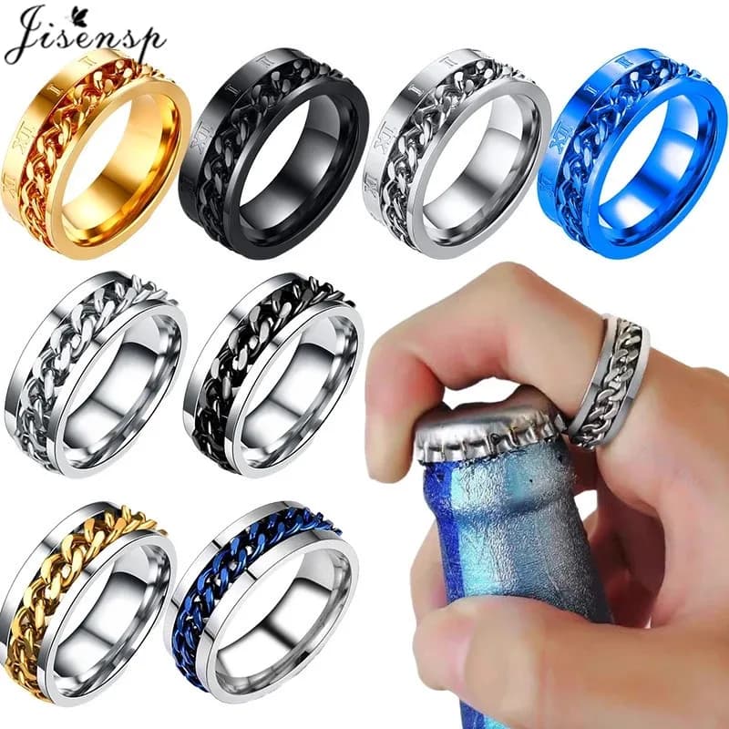 Ins Fashion Men Rotatable Chain Link Anxiety Fidget Rings Titanium Stainless Steel Spinner Finger Ring Blue Black Punk Gift