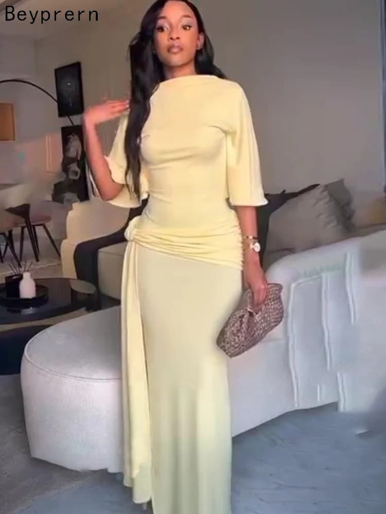 Beyprern Elegant Backless Bandage Maxi Dress for Women Sexy Short Sleeve Bodycon Side Split Ruched Drape Party Evening Vestidos