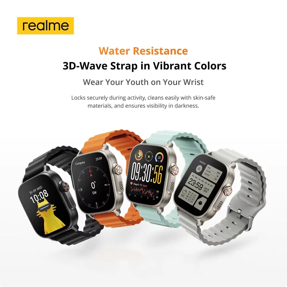 ساعة ريلمي 5 بشاشة 1.97 بوصة AMOLED سطوع 600nits مع أكثر من 300 ثيم، تدعم نظام تحديد المواقع GPS وGNSS، مقاومة للماء بمعيار IP68، بطارية 460mAh تدوم حتى 14 يوم، نسخة عالمية - 6