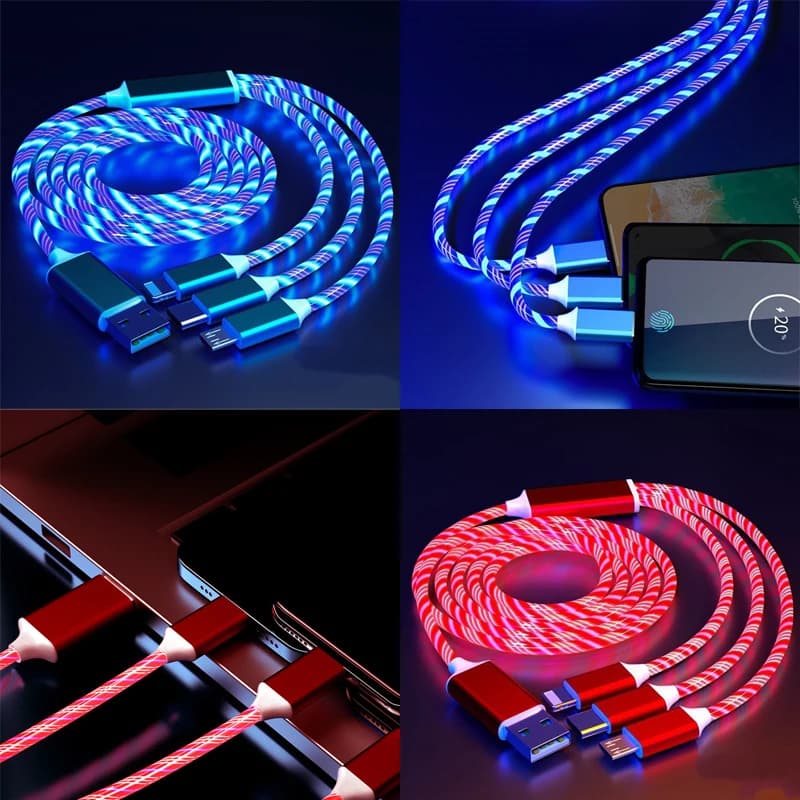 Glowing LED 3 IN 1 Cable For Samsung Xiaomi iPhone Flowing Streamer Light Fast Charger USB C Cord Luminous Type C Cable - 2