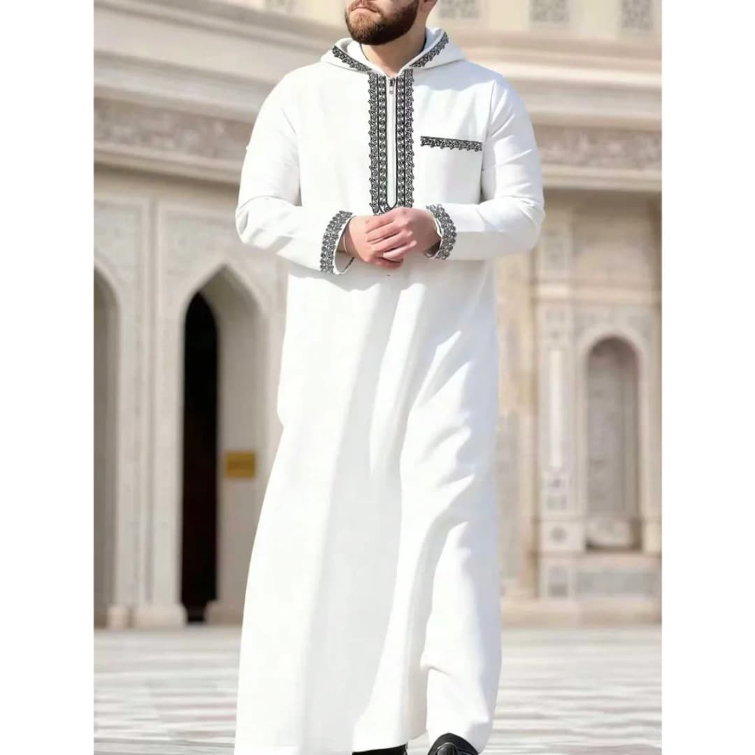 New Muslim men's long robe, Islamic hooded ethnic clothing, elegant retro MiddleEastern embroidery men's simple casual long robe - 3