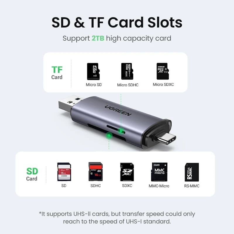 قارئ بطاقات UGREEN USB3.0 و USB C إلى SD و MicroSD و TF و Thunderbolt 3 لملحقات الكمبيوتر المحمول قارئ بطاقات الذاكرة الذكي محول بطاقة SD - 5