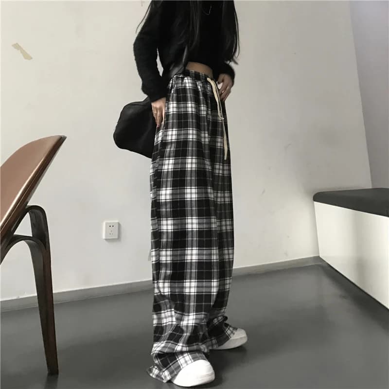 Oversize Women Sweatpants Fashion Black Plaid Casual Pants Baggy Elastic Waist Pockets Student Unisex Hip Hop Loose Trousers - 6