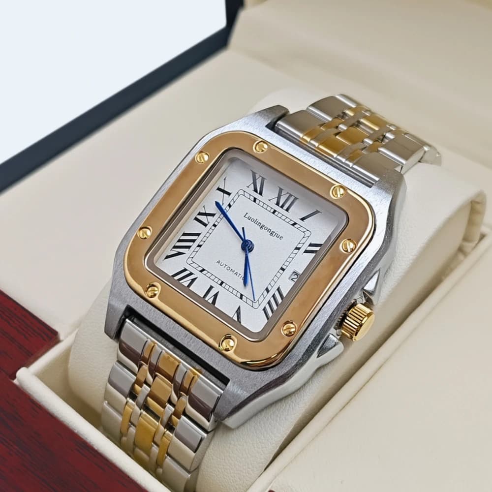 ساعة رجالية ميكانيكية عالية الجودة بتصميم مربع، لف تلقائي، هيكل عظمي، سوار من الفولاذ المقاوم للصدأ، مع عرض التقويم، سلسلة دبابة بأسلوب أوروبي وأمريكي، ساعة أنيقة وعصرية للرجال، هدية مثالية للحبيب في عيد الحب