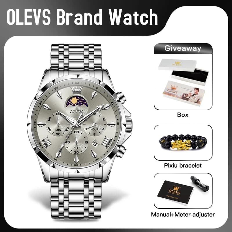 OLEVS 3653 Mens Watch Quartz Watch Multifunctional Chronograph Watch For Men 30M Waterproof Luminous Moon Phase Box Original - 2