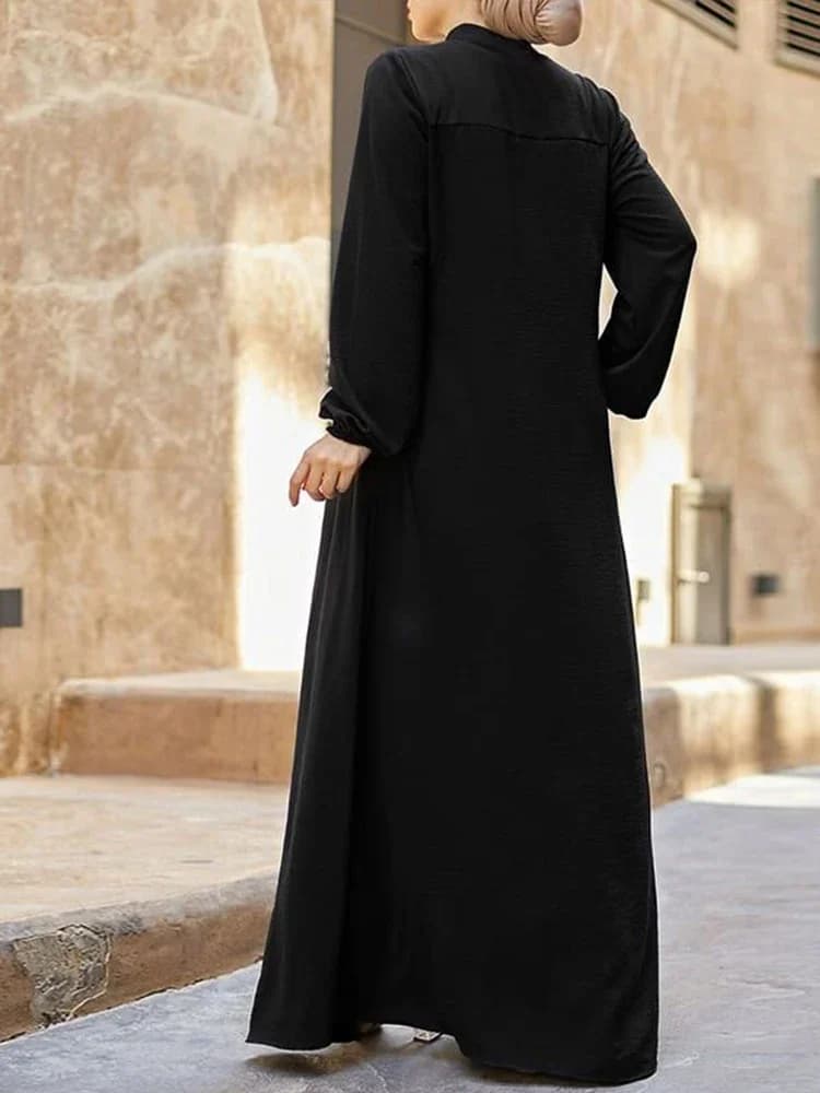 فستان أسود إسلامي بياقة صغيرة قائمة وتصميم جيب بسحاب، أنيق وفضفاض وعفوي بأكمام طويلة - 3