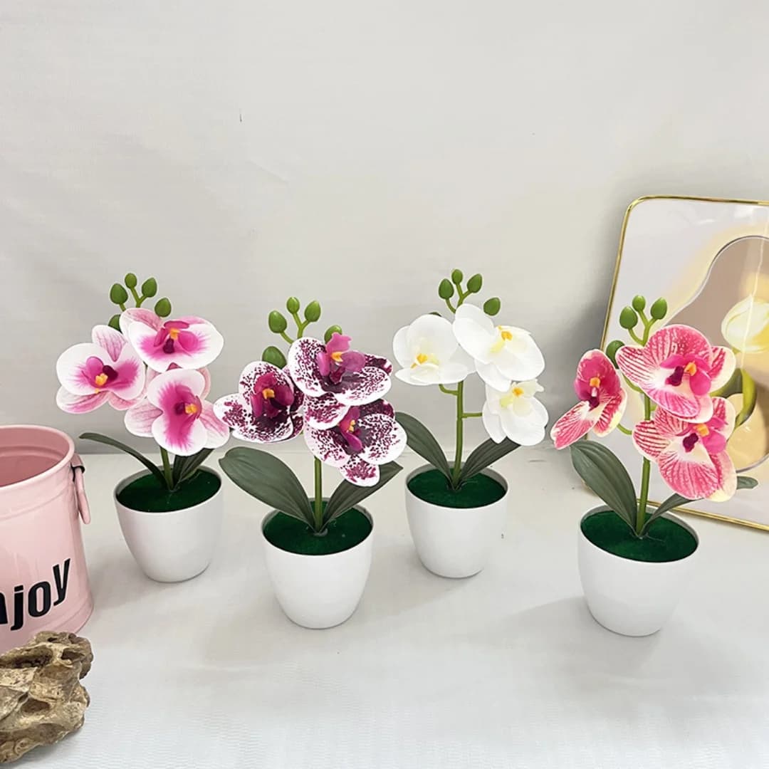 Artificial Orchid Potted Plant 3 Heads Mini Phalaenopsis Fake Flower Plastic Desktop Ornament Home Living Room Decoration - 2