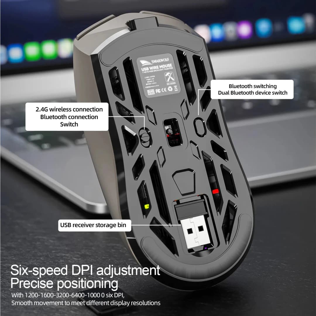 SMAILWOLF RS8 3-Mode Wireless Gaming Mouse BT5.1 2.4G Wired 24000 DPI 6 Keys 70g 1000Hz RGB Game Mouse For PC Gamer - 4