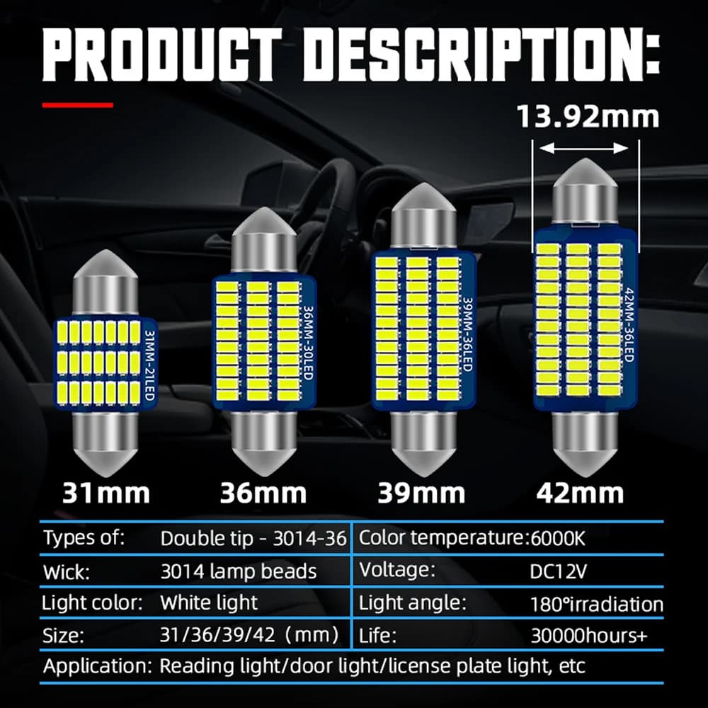 31MM 36MM 39MM 41MM C5w C10W Car LED 3014 SMD Reading Festoon Dome Light License Plate  Automobile Door Trunk Bulbs White DC 12V - 2