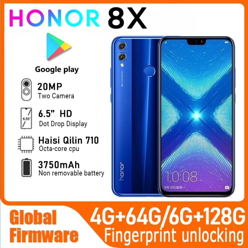 هاتف HONOR 8X الذكي بنظام تشغيل عالمي ومعالج Haisi Qilin 710 وشاشة 6.5 بوصة وبطارية 3750 مللي أمبير وكاميرا خلفية 20 ميجابكسل - مستعمل