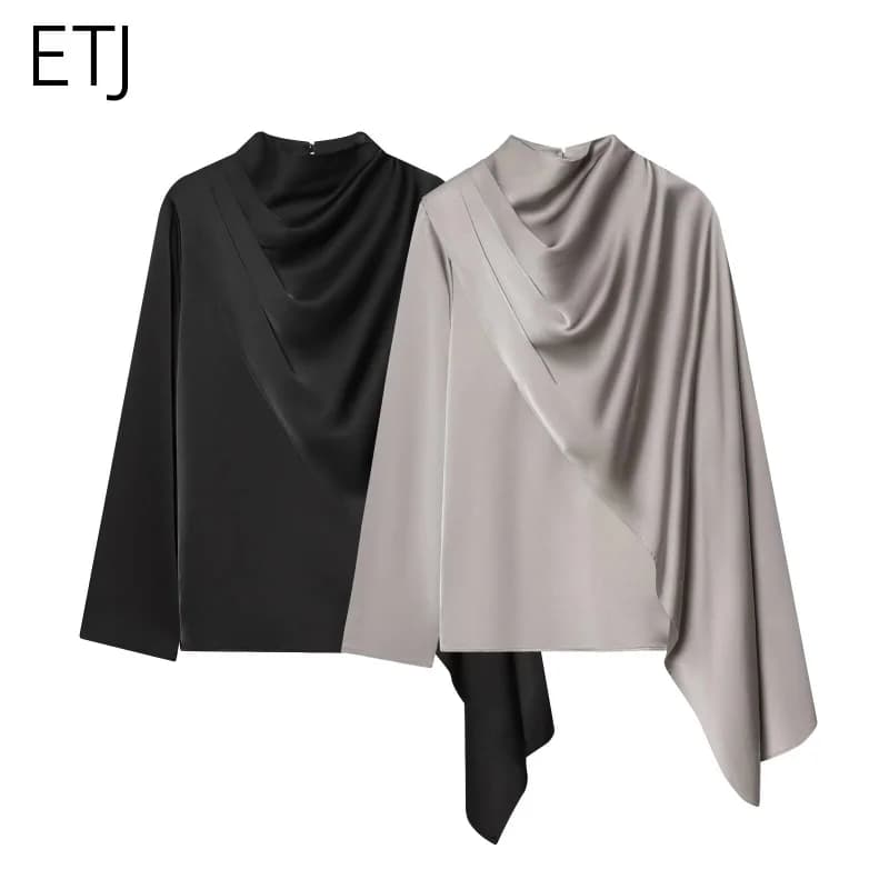 بلوزة نسائية أنيقة من ETJ 2026 - تصميم شال حريري مع أكمام طويلة مموجة