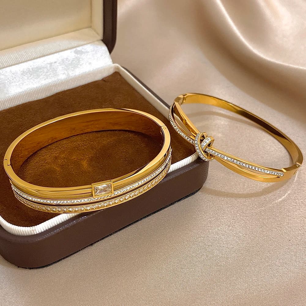 Luxury Stainless Steel Cuff Bracelet Bangle Set for Women Men Gold Plated Bracelets Inlaid White Rhinestone Wide Bangles Gift - 6