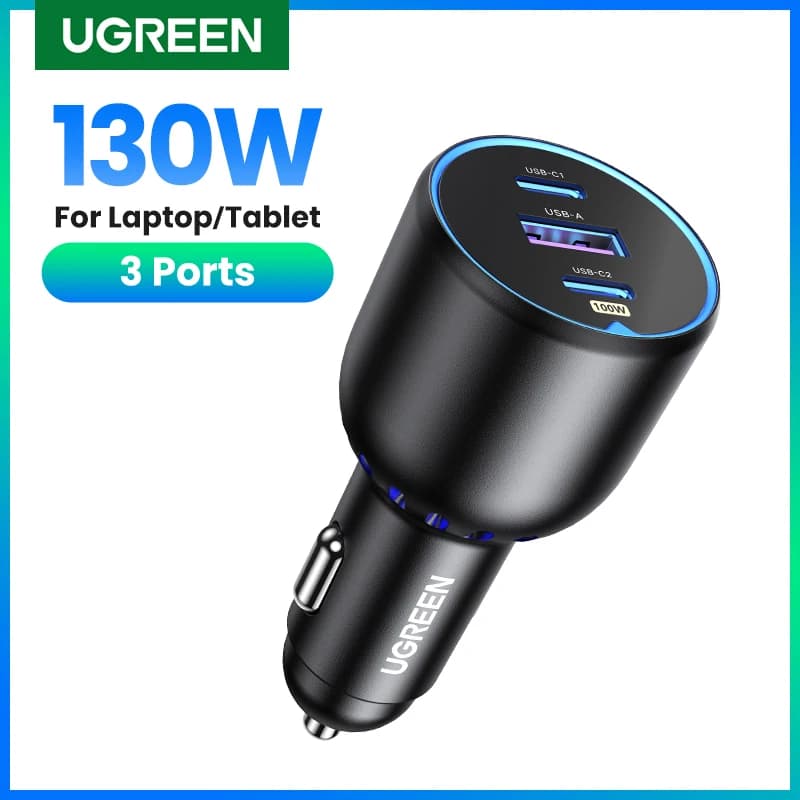 UGREEN 130W USB C Fast Car Charger For Xiaomi iPhone 17 Samsung Galaxy S25 Laptops PD3.0 Fast Charging USB Type C Car Charger