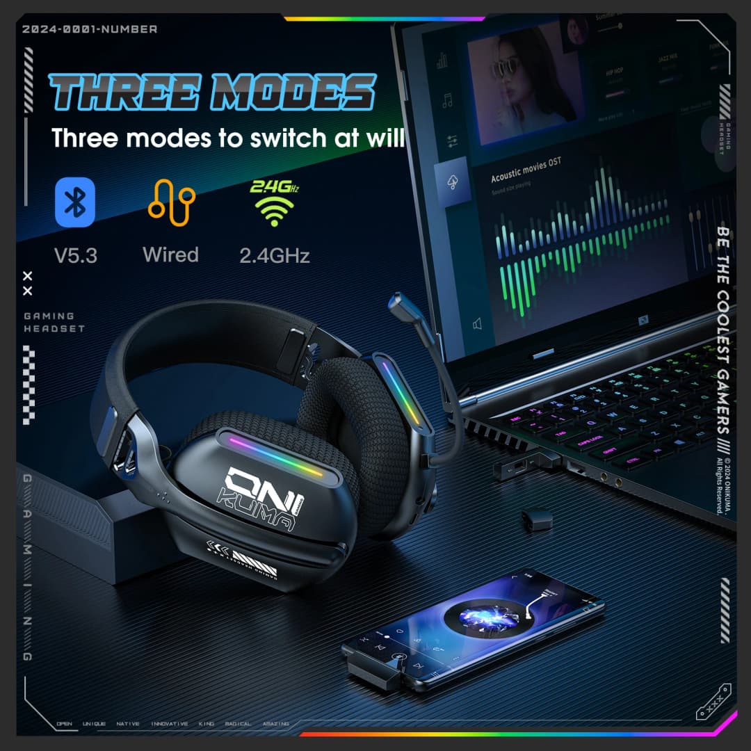 ONIKUMA Wireless Gaming Headset 2.4G/Wired/Bluetooth 3 Modes Bendable HD Mic Soft Ear Pads Immersive Sound for PC/PS4/5 GT808 - 5