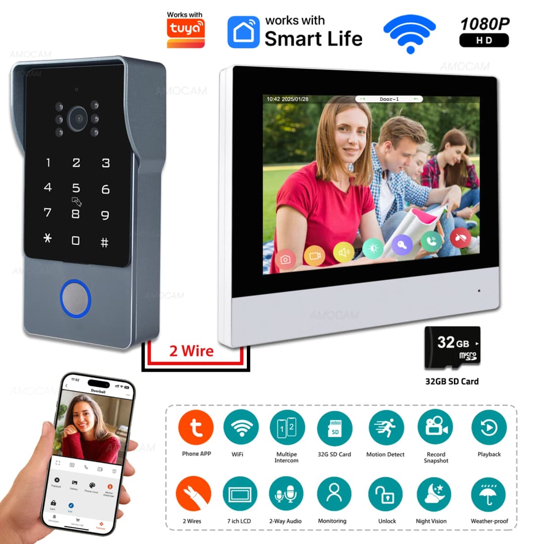 نظام أمان منزلي ذكي سلكي 2 سلك Tuya Wifi إنتركوم فيديو بدقة 1080P هاتف باب فيديو شاشة لمس 7 بوصة جرس باب كاميرا باب