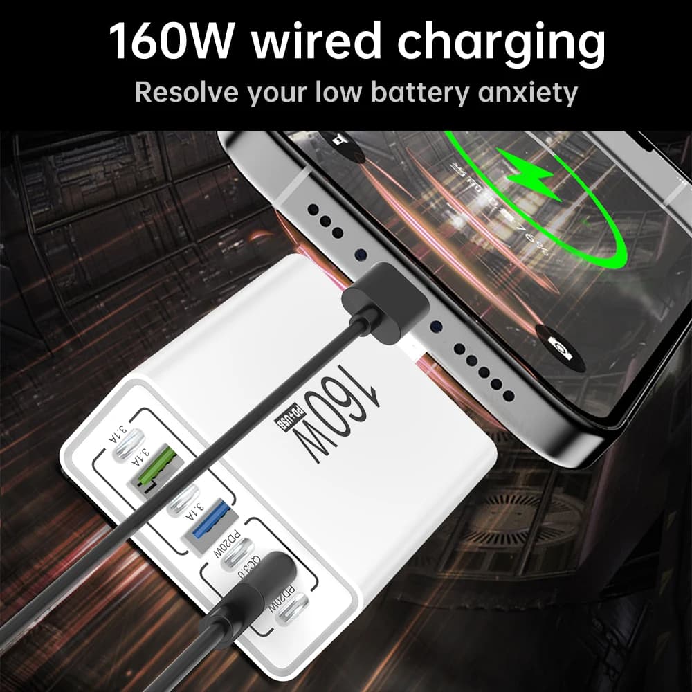 160W USB Charger 7-Port Multi Device Fast Charging Station PD QC3.0 Built-in Cable for iPhone Samsung Xiaomi iPad EU US Plug - 4