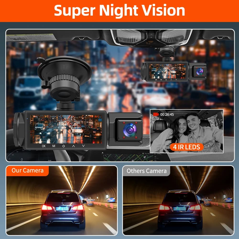 3 كاميرات داش كام 1080P كاميرا أمامية وخلفية للرؤية الليلية ومراقبة وقوف السيارات سيارة DVR مسجل فيديو ثلاثي الاتجاهات مع هدية - 4