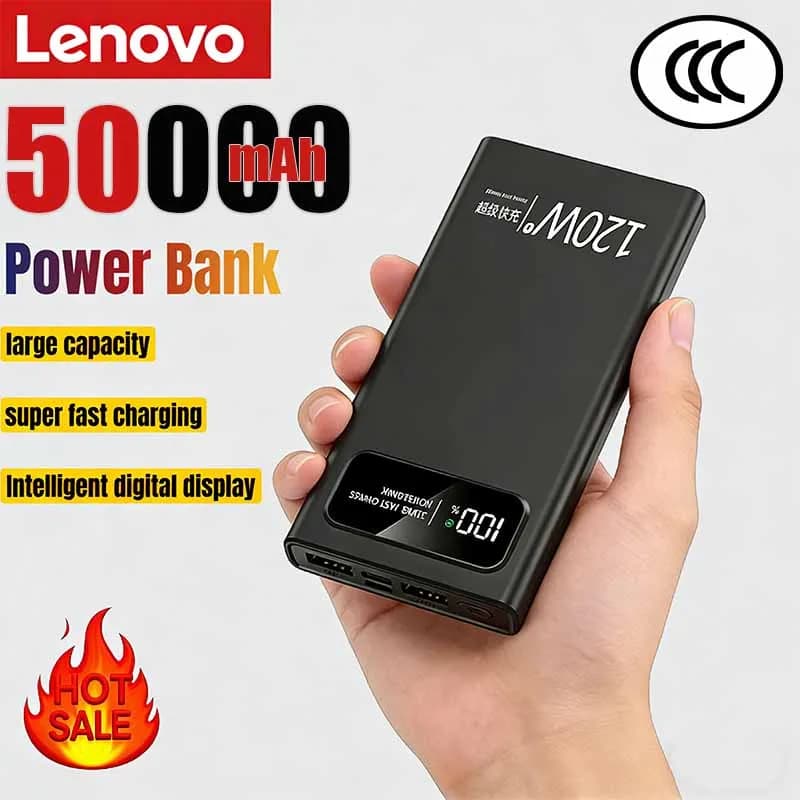بنك طاقة لينوفو 50000mAh، شحن فائق السرعة 120W، بطارية عالية السعة، شاشة رقمية، مناسب لأجهزة آيفون وسامسونج وهواوي