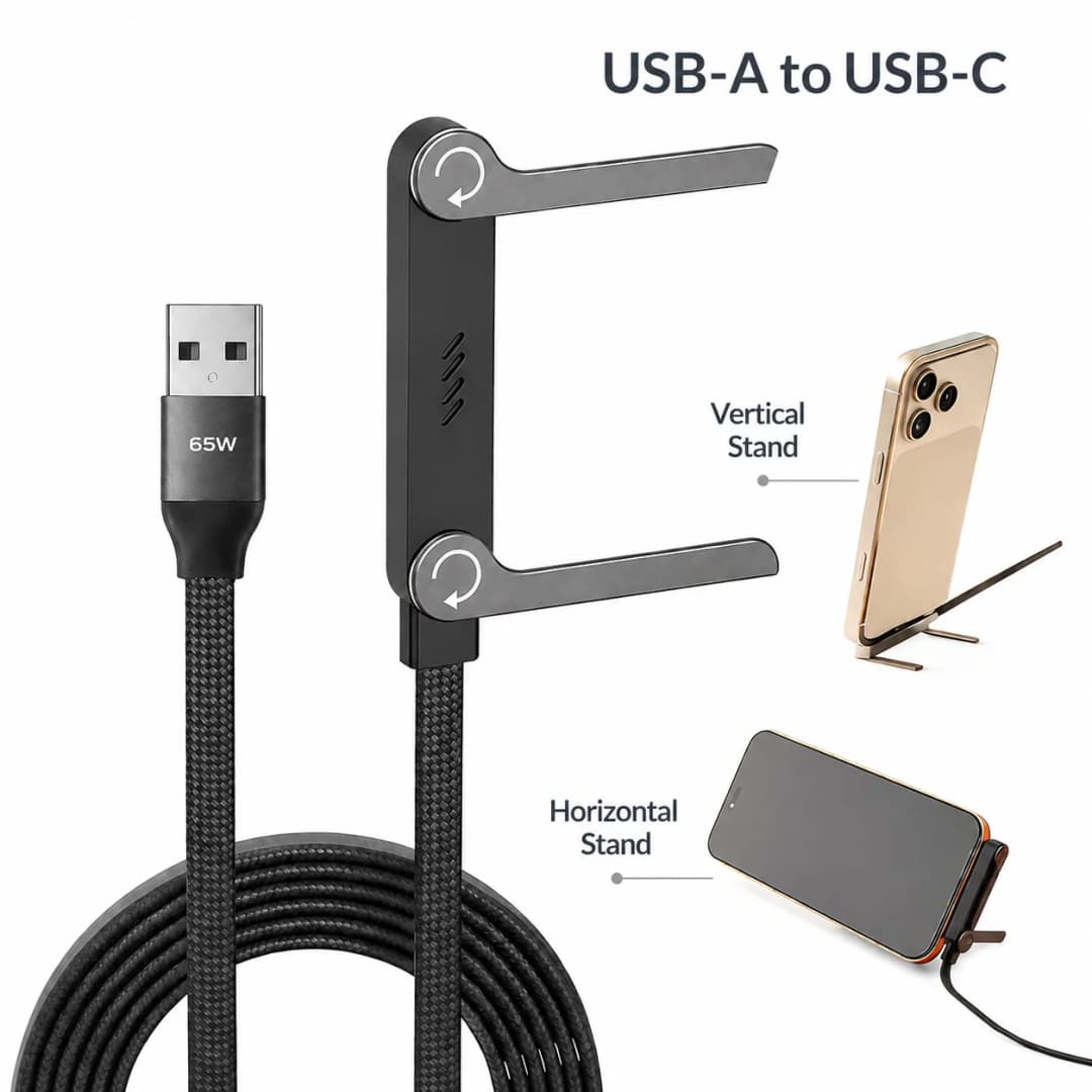 65W USB A to USB C Cable 2 in 1 Fast Charging Data Cable Foldable Phone Stand Holder Nylon Cord for Samsung Xiaomi Huawei Type C - 2