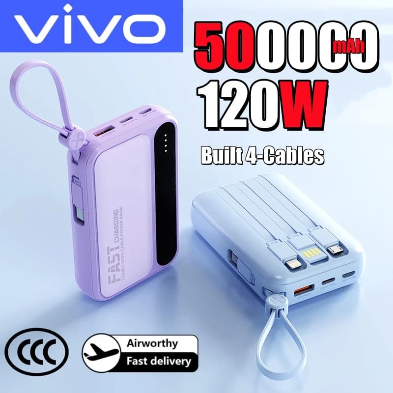 بنك طاقة VIVO 500000mAh محمول 120 واط شحن فائق السرعة سعة كبيرة مع 4 كابلات مدمجة لآيفون سامسونج