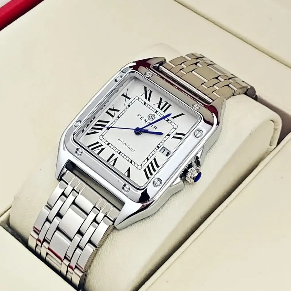 ساعة Santos Tank فاخرة للرجال، عرض التقويم، سوار من الفولاذ المقاوم للصدأ، ساعة رجالية مربعة صغيرة فاخرة، ساعة يد عصرية عملية متعددة الاستخدامات، أفضل هدية له