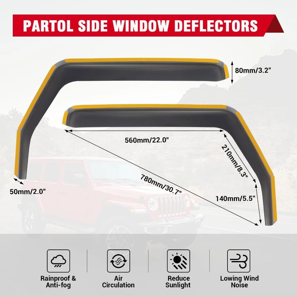 2Pcs Side Window Visor Ventilation Guard Waterproof Rain Awnings Shelters Deflector for Jeep Wrangler JK 2007-2017 2Doors - 2