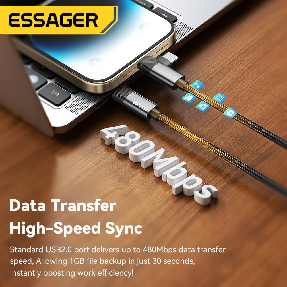 Essager 2-in-1 Right Angle Cable PD 65W 29W Fast Charging Elbow Data Cable For iPhone 15 14 13 MacBook Lenovo Asus Dell iPad Pro - 6