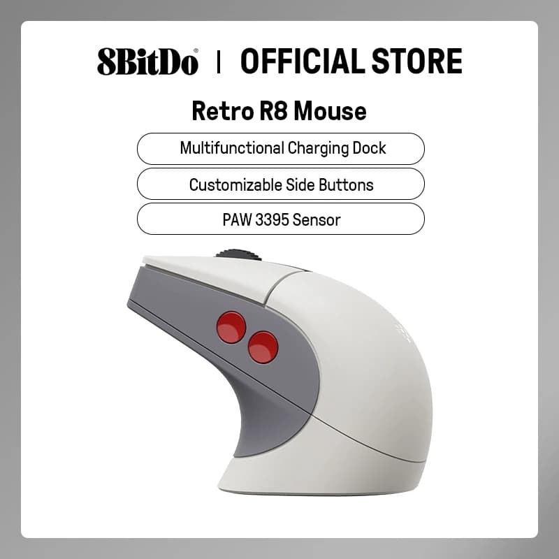 8BitDo فأرة Retro R8 مع مستشعر بصري PAW 3395 DPI 26K، فأرة لاسلكية 4K مع قاعدة شحن - إصدار N