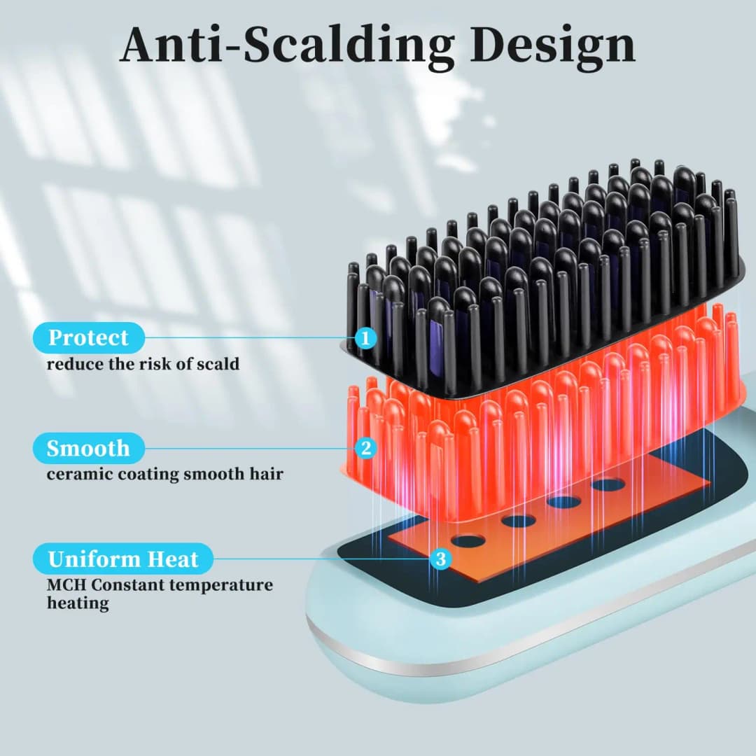 فرشاة فرد الشعر المحمولة، شحن USB لاسلكي، مشط فرد بشاشة LED، طلاء سيراميك، تقنية الأيونات - 5