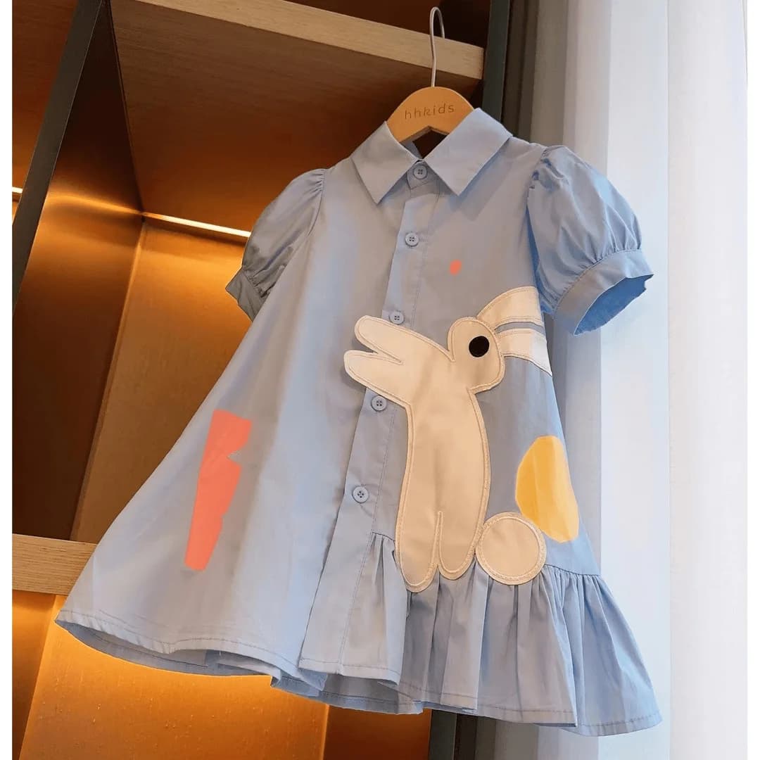 New Arrivals Girls' Dress Summer Fashion Kids' Turn-down Collar Puff Sleeve Dress Cute Rabbit Cotton Princess Dress Casual Style