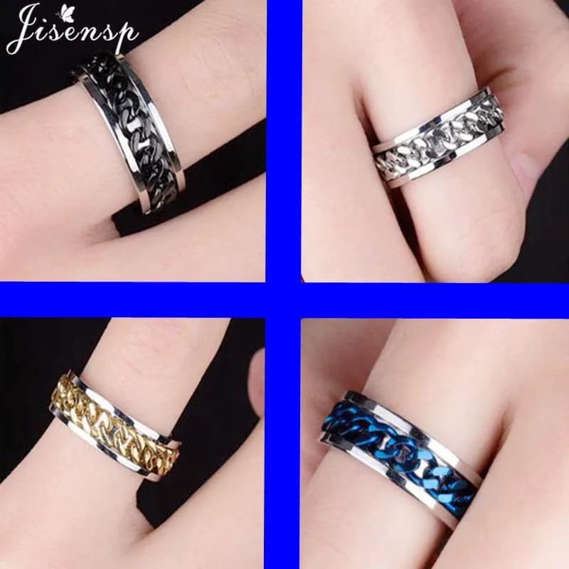 Ins Fashion Men Rotatable Chain Link Anxiety Fidget Rings Titanium Stainless Steel Spinner Finger Ring Blue Black Punk Gift - 5
