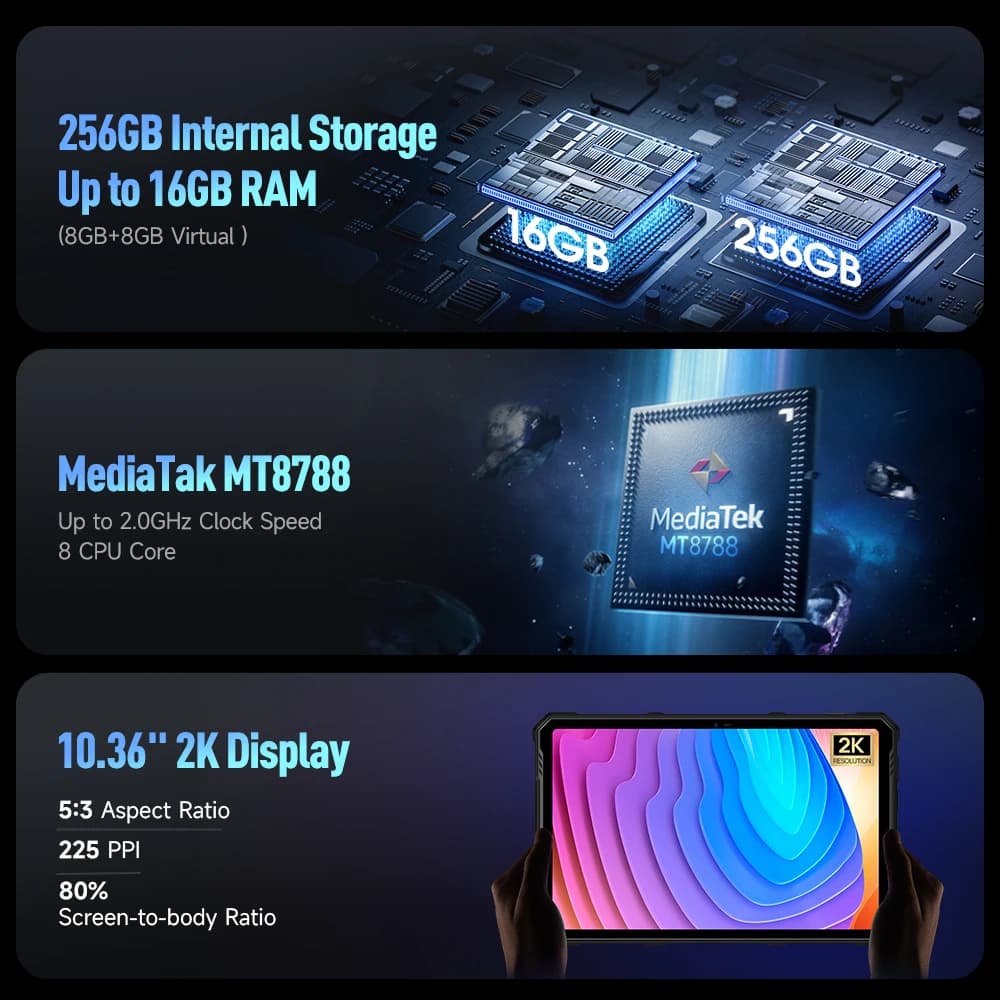 【عرض عالمي】 جهاز Ulefone Armor Pad 3 Pro اللوحي المتين ببطارية 33280 مللي أمبير ومعالج MediaTek MT8788 وذاكرة 16 جيجابايت (8+8) وسعة تخزين 256 جيجابايت وكاميرا 50 ميجابكسل وشاشة 10.36 بوصة 2K بنظام أندرويد - 5