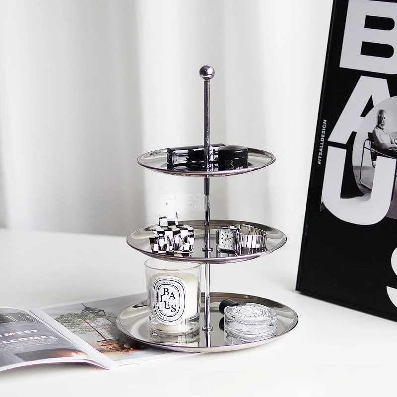 صينية تنظيم من الفولاذ المقاوم للصدأ للمجوهرات والمفاتيح والكعك، طبق عرض متعدد الطبقات، رف منزلي مع قاعدة غير قابلة للانزلاق