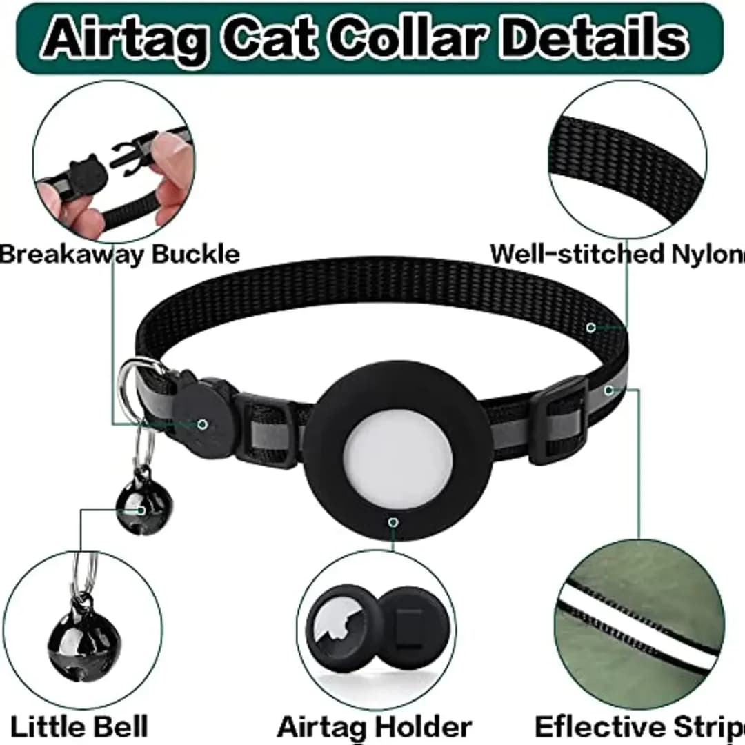 1Pcs Pet Airtag Cat Collar Breakaway, Reflective Kitten Collar with Apple Air Tag Holder and Bell for Girl Boy Cats, 0.4 Inches - 6
