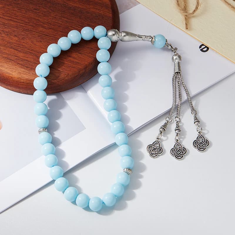 مجوهرات أنيقة زرقاء للنساء، قلادة خرز معقود، مسبحة صلاة إسلامية، خيط يدوي مع شرابة، مجوهرات إسلامية للشرق الأوسط - 4