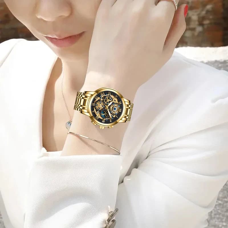 ساعة LIGE نسائية ذهبية موضة 2024، علامة تجارية فاخرة، ساعات مقاومة للماء للنساء، ساعة كرونوغراف كوارتز رياضية، ريلوجيو فيمينينو - 5