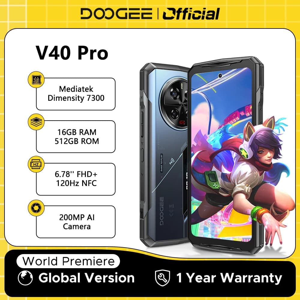 هاتف DOOGEE V40 Pro 5G المتين بشاشة 6.78 بوصة IPS وذاكرة 16 جيجابايت و512 جيجابايت ومعالج Dimensity 7300 بتقنية 4 نانومتر وكاميرا 200 ميجابكسل وبطارية 8680 مللي أمبير يعمل بنظام أندرويد 14